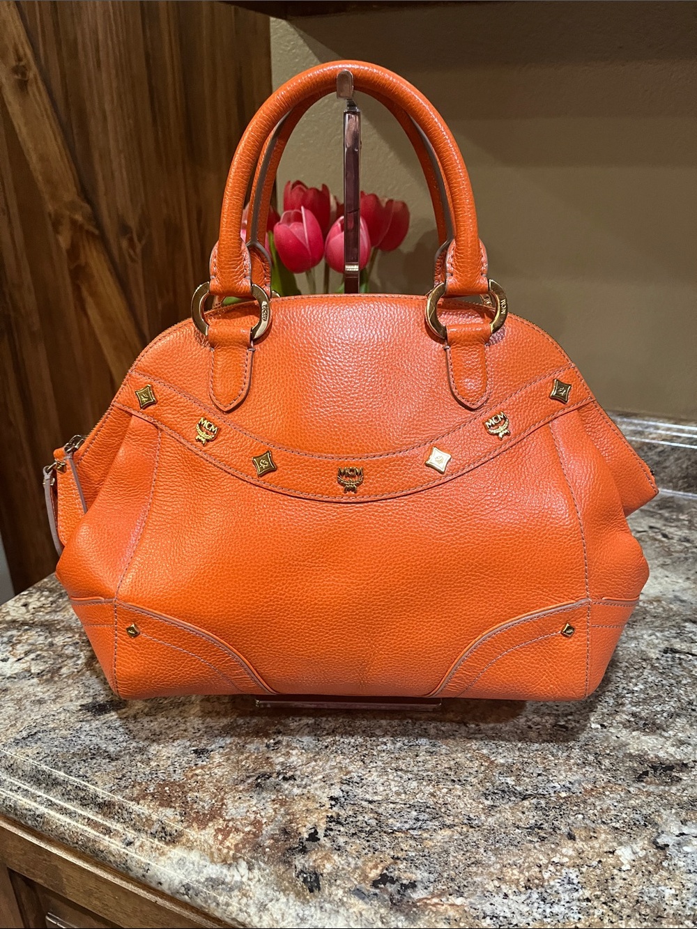 MCM Orange Pebbled Leather Dome Satchel with Gold-Tone Accents - Picture 1 of 13